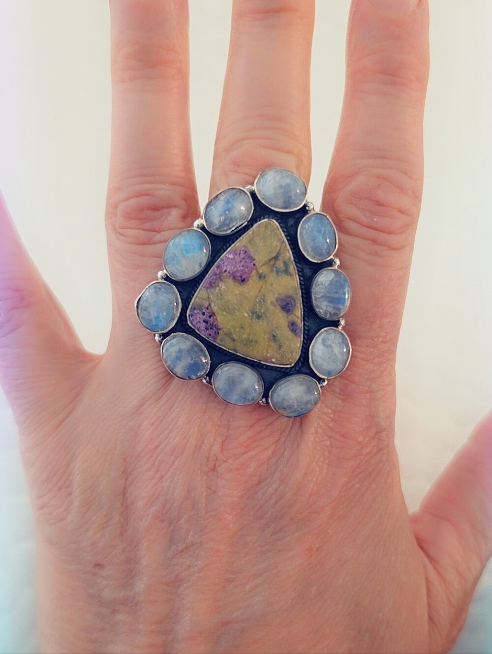 Moonstone & Unakite 925 Sterling Silver Gemstone Ring
